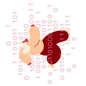 Kvinne løper gjennom nullere og enere (Illustrasjon)