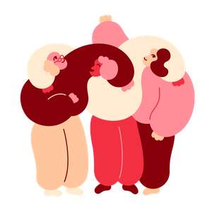 Tre personer i fellesskap med armene rundt skuldrene på hverandre (Illustrasjon)