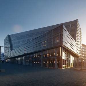 Jonsvollkvartalet i solnedgang sett fra nordvest (Illustrasjon)