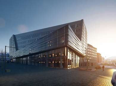 Jonsvollkvartalet i solnedgang sett fra nordvest (Illustrasjon)