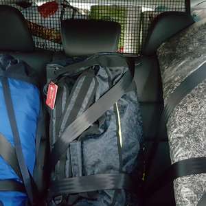 Store bager med sikkerhetssele i bil