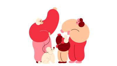 Familie med to voksne, ett barn og en hund. Illustrasjon.