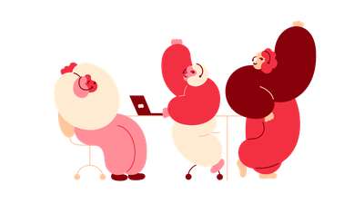 En koselig illustrasjon av de ansatte på kundesenteret til Frende Forsikring i arbeid