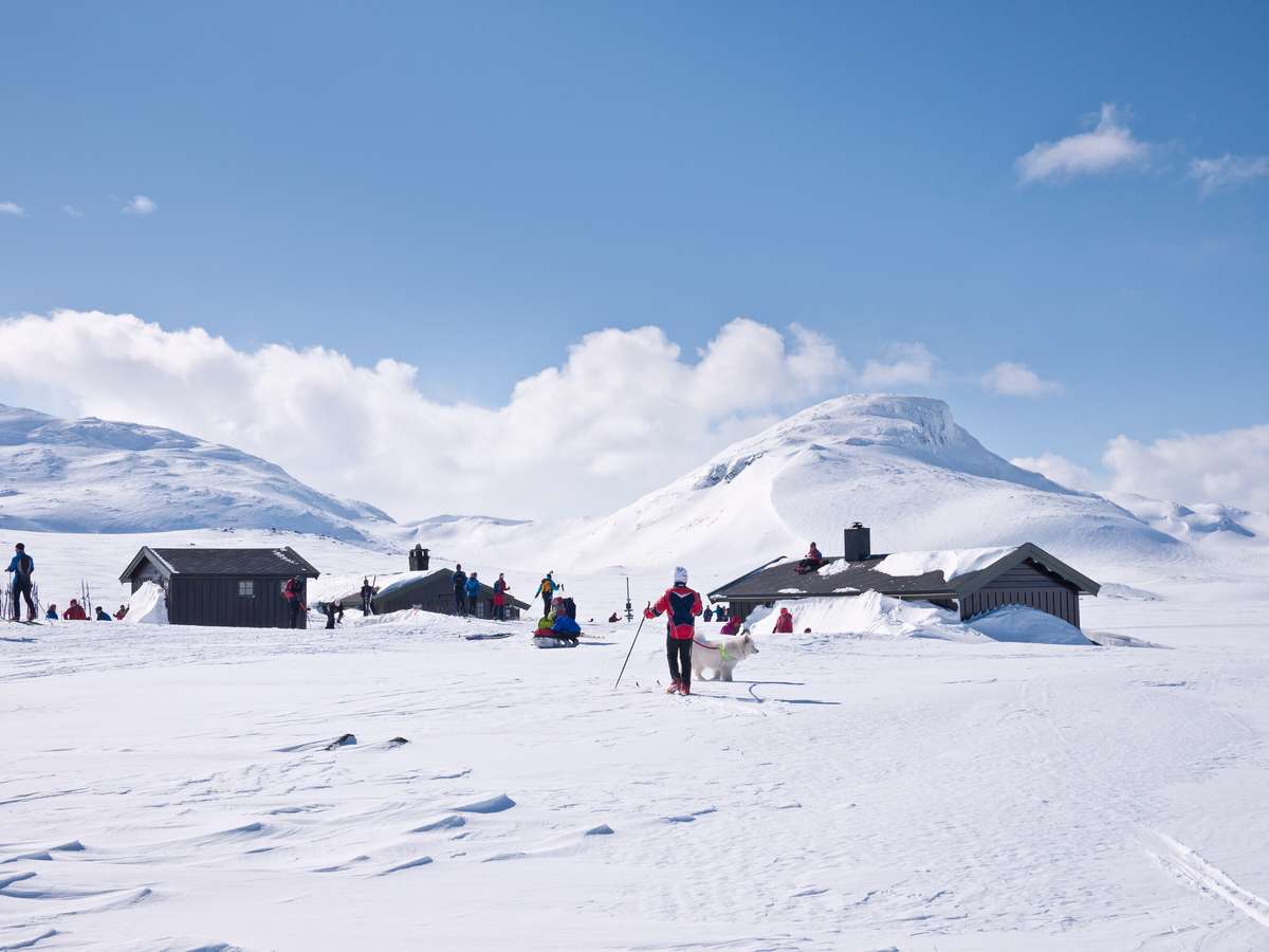 Skigåere og hytter på fjellet