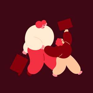 To personer går med hver sin koffert, den minste personen svinger kofferten høyt over hodet (Illustrasjon)